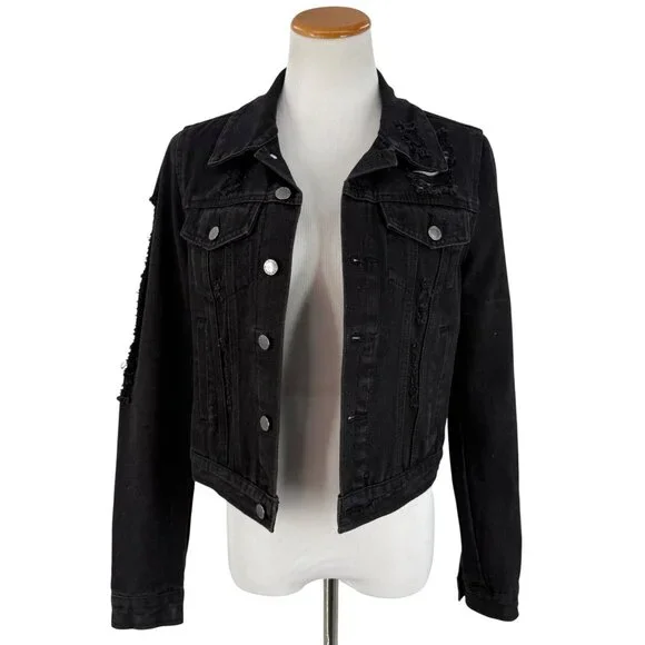 Cisono Black Distressed Button Front Jean Denim Jacket EMO Punk Steampunk Casual - Picture 9 of 10